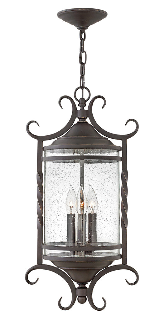 OUTDOOR CASA Large Hanging Lantern Outdoor Hanging Lights Hinkley Olde Black with Clear Seedy glass 12.0x12.0x23.25