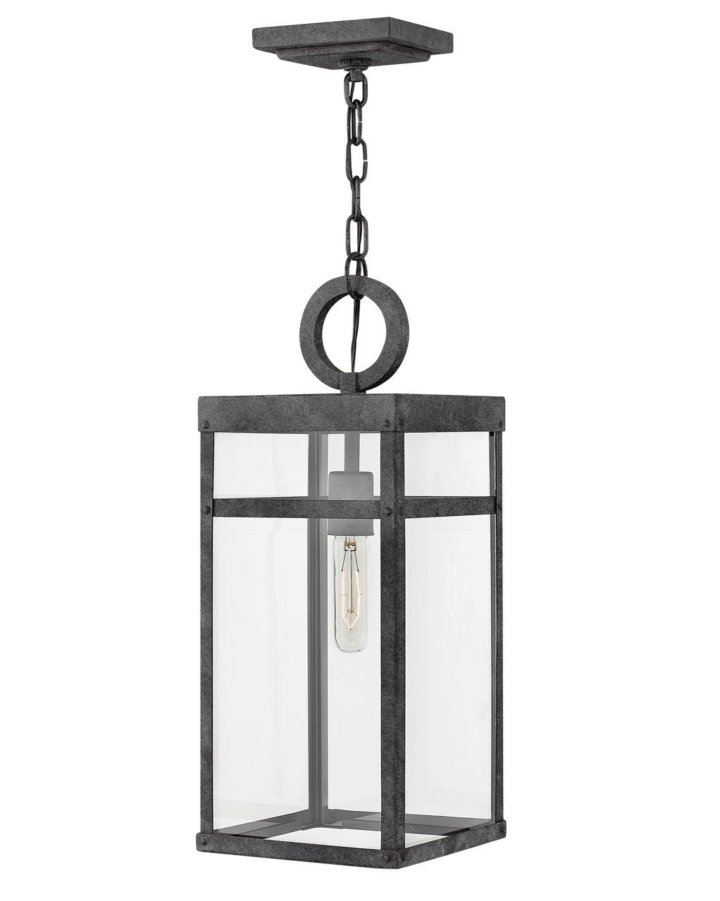 OUTDOOR PORTER Hanging Lantern Outdoor Hanging Lights Hinkley Aged Zinc 7.5x7.5x19.0