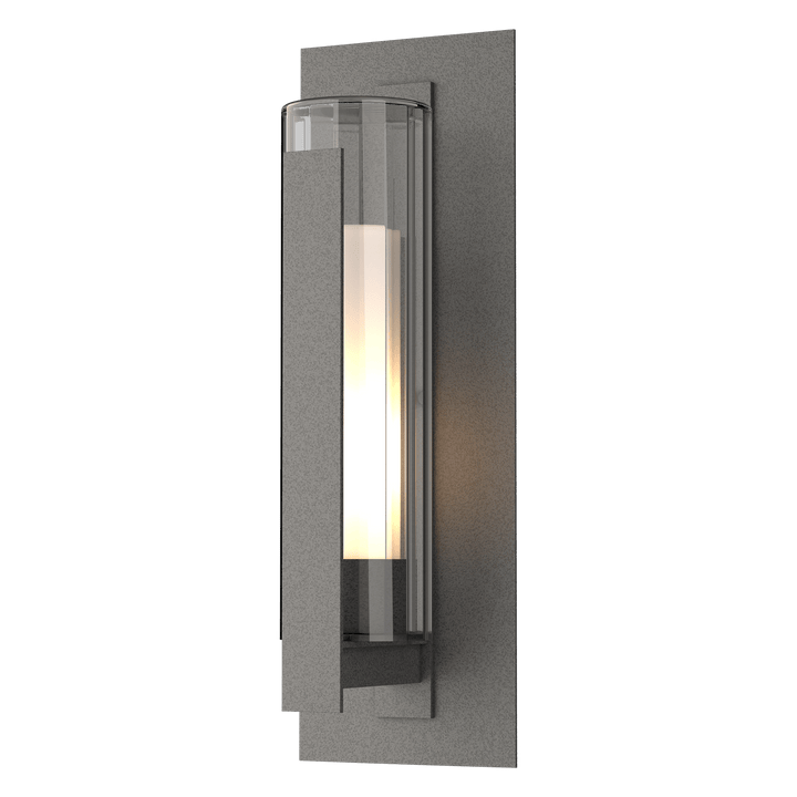 Hubbardton Forge Vertical Bar Fluted Glass Large Outdoor Sconce Outdoor Wall Lights Hubbardton Forge Coastal Natural Iron Clear Glass with Opal Diffuser (ZU)