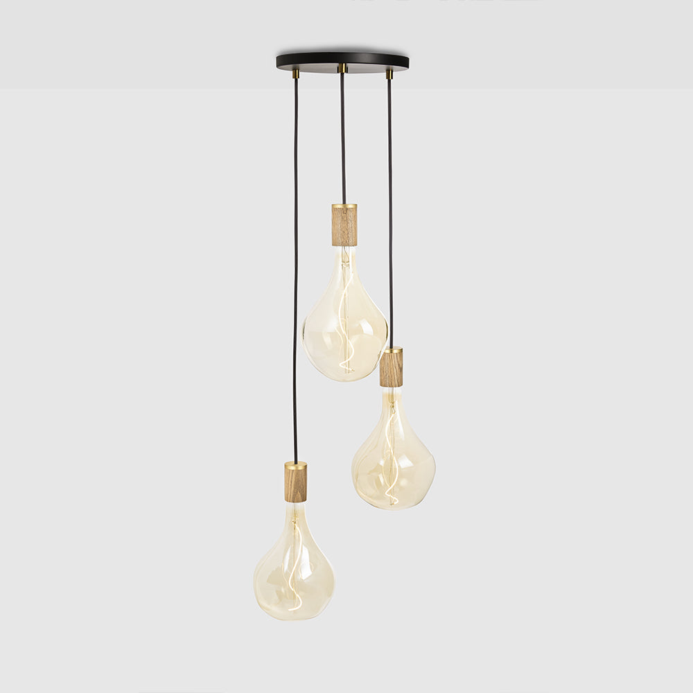 Tala Triple Pendant with Black Canopy and Voronoi II Pendants Tala Black Canopy / Brass Grip and Oak Pendants