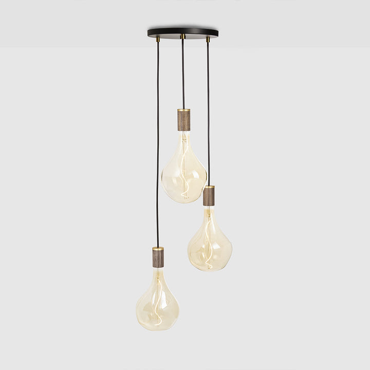 Tala Triple Pendant with Black Canopy and Voronoi II Pendants Tala Black Canopy / Brass Grip and WalnutPendants