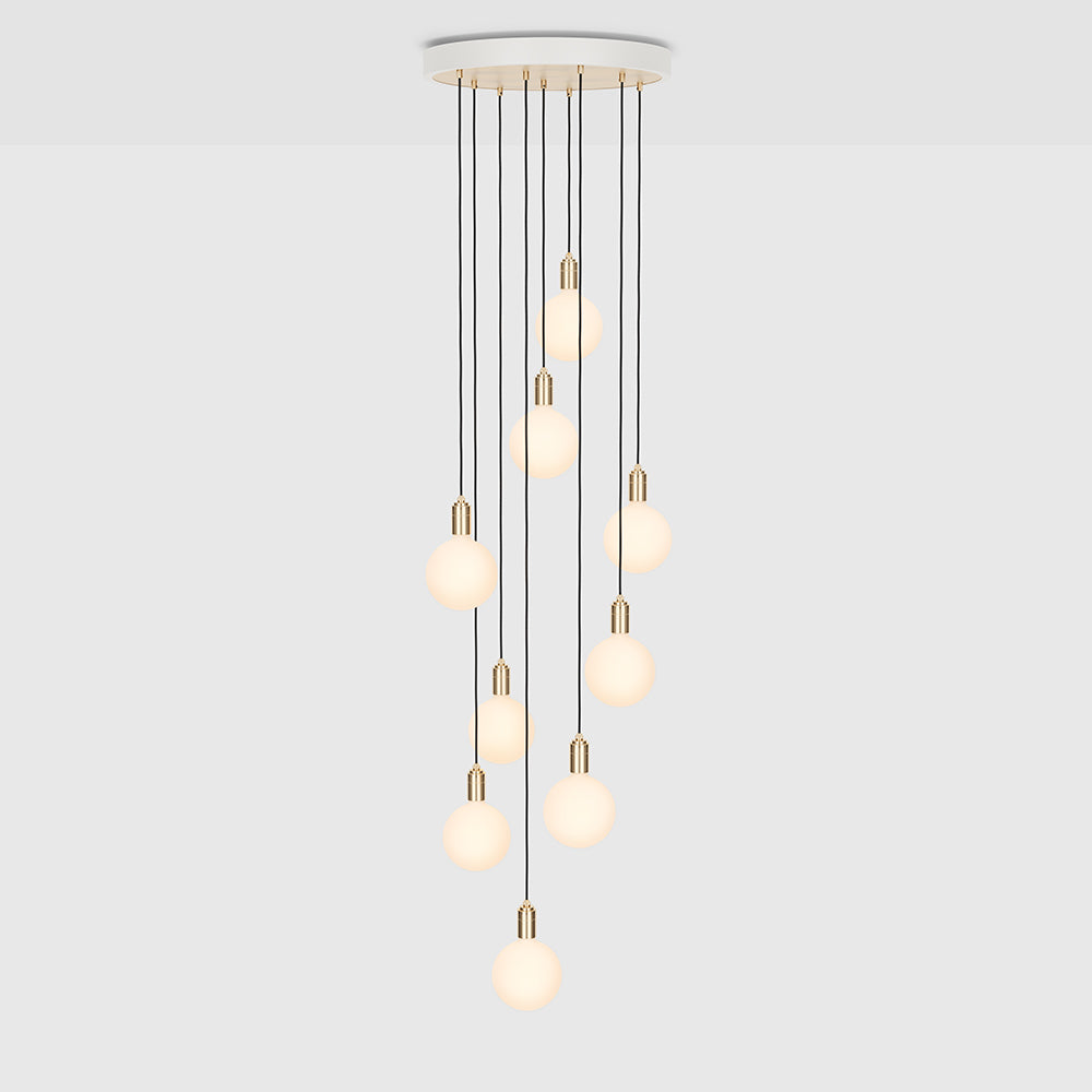 Tala Nine Pendant with Large Canopy and Sphere IV Bulbs Pendants Tala White Powder Coated Steel, Brass Plated Steel, Brass & Glass
