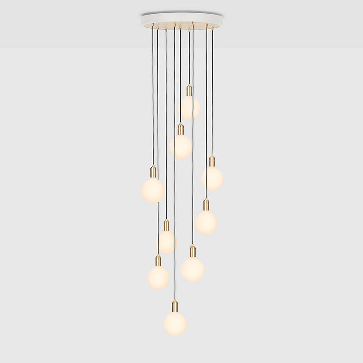 Tala Nine Pendant with Large Canopy and Sphere IV Bulbs Pendants Tala White Powder Coated Steel, Brass Plated Steel, Brass & Glass