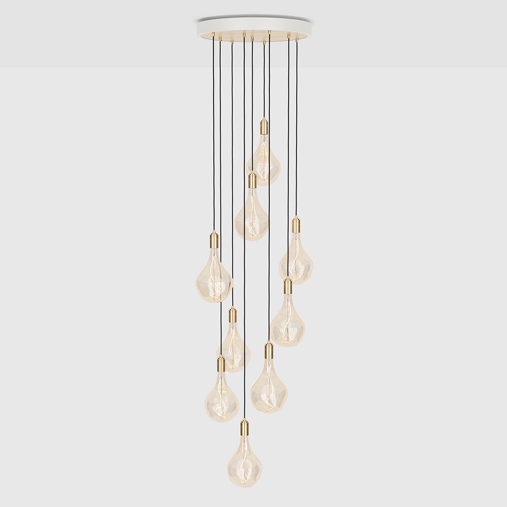 Tala Nine Pendant with Large Canopy and Voronoi II Bulbs Pendants Tala White Powder Coated Steel, Brass Plated Steel, Brass & Glass