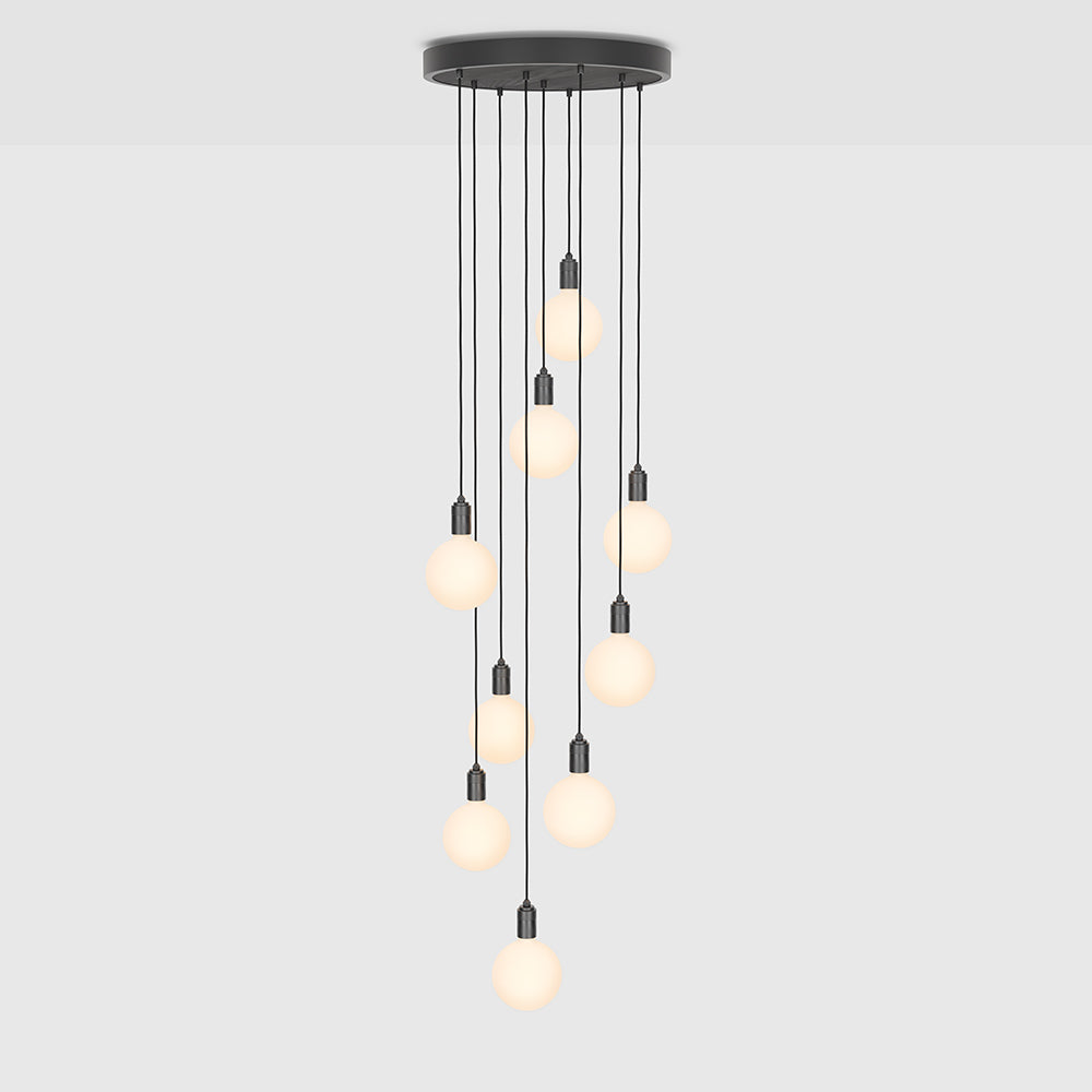 Tala Nine Pendant with Large Canopy and Sphere IV Bulbs Pendants Tala Black Powder Coated Steel, Black Stained Ash Veneer, Graphite & Glass