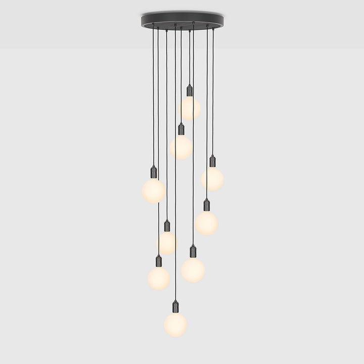 Tala Nine Pendant with Large Canopy and Sphere IV Bulbs Pendants Tala Black Powder Coated Steel, Black Stained Ash Veneer, Graphite & Glass