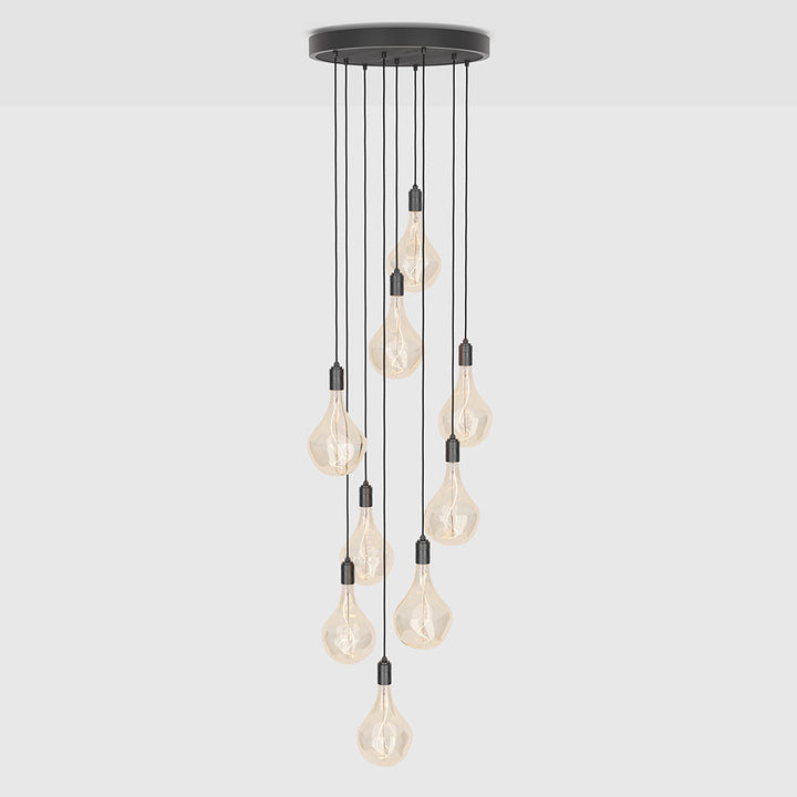 Tala Nine Pendant with Large Canopy and Voronoi II Bulbs Pendants Tala Black Powder Coated Steel, Black Stained Ash Veneer, Graphite & Glass