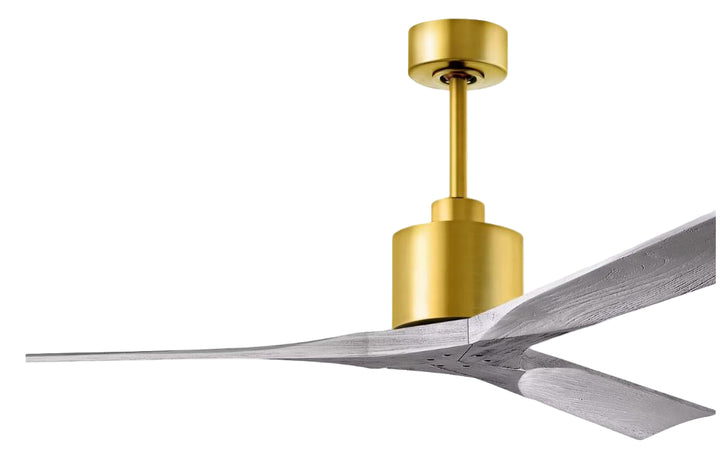 Ceiling fan with gold finish and gray blades on a white background