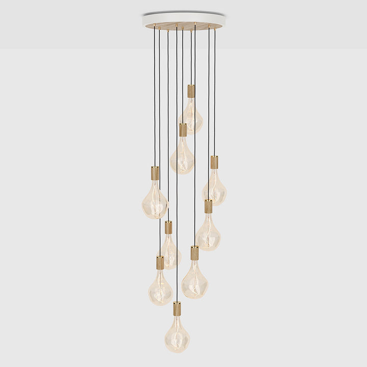 Tala Nine Pendant with Large Canopy and Voronoi II Bulbs Pendants Tala White Powder Coated Steel, Oak Veneer, Oak & Glass