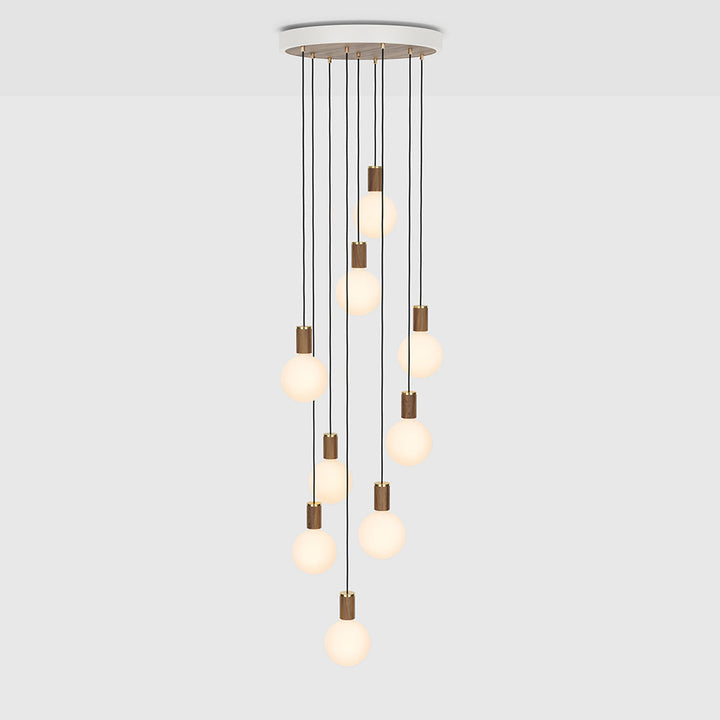 Tala Nine Pendant with Large Canopy and Sphere IV Bulbs Pendants Tala White Powder Coated Steel, Walnut Veneer, Walnut & Glass