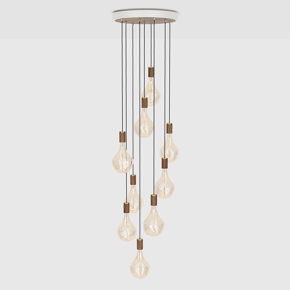 Tala Nine Pendant with Large Canopy and Voronoi II Bulbs Pendants Tala White Powder Coated Steel, Walnut Veneer, Walnut & Glass