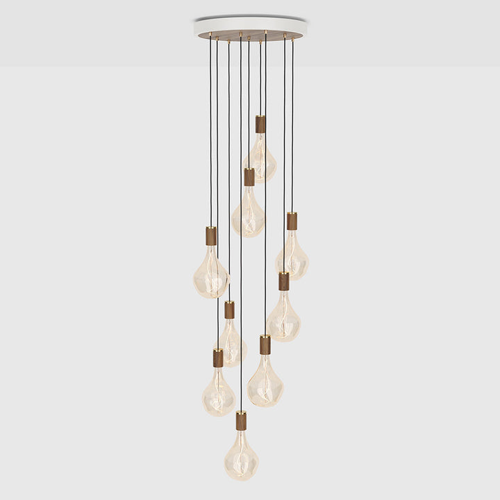 Tala Nine Pendant with Large Canopy and Voronoi II Bulbs Pendants Tala White Powder Coated Steel, Walnut Veneer, Walnut & Glass