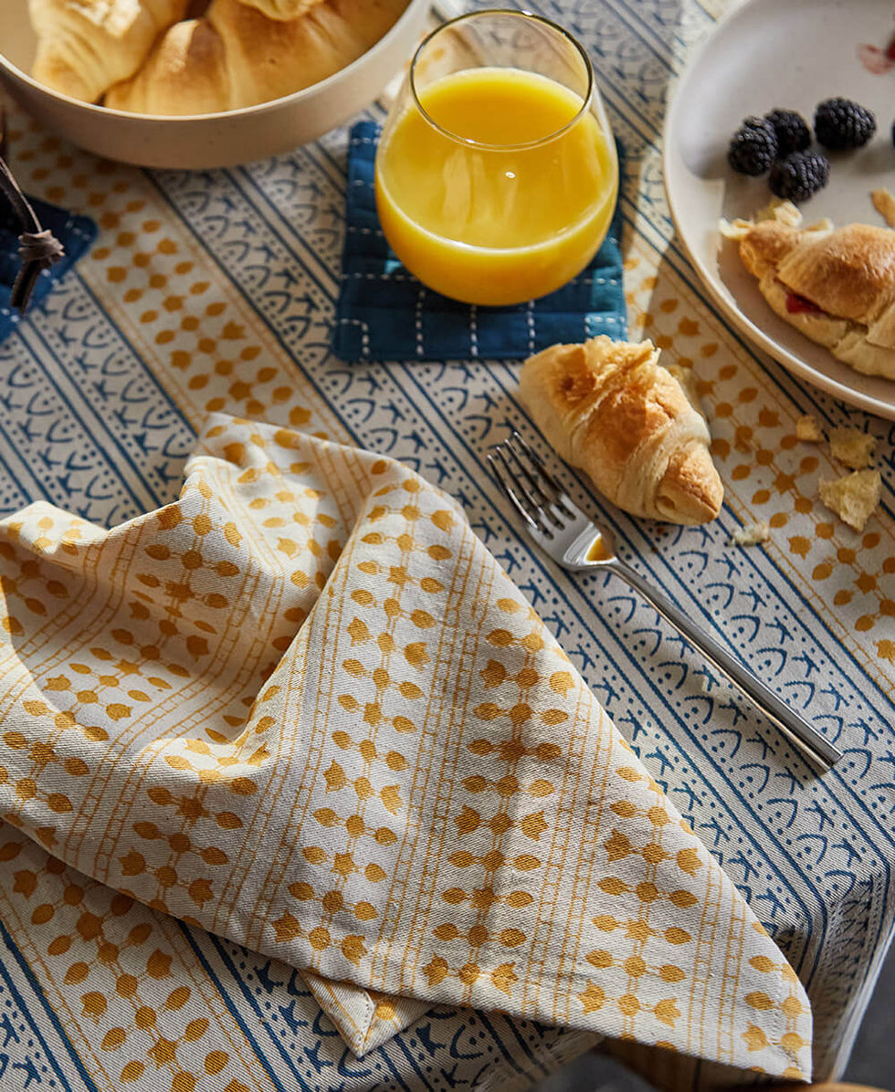 Anchal Graphic Block Print Cotton Napkins - Set of 2 | Mustard NGSGB