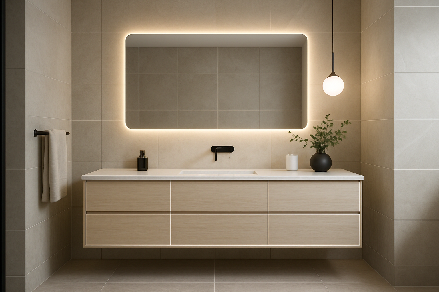 modern bathroom with 60" vanity and led mirror illuminated